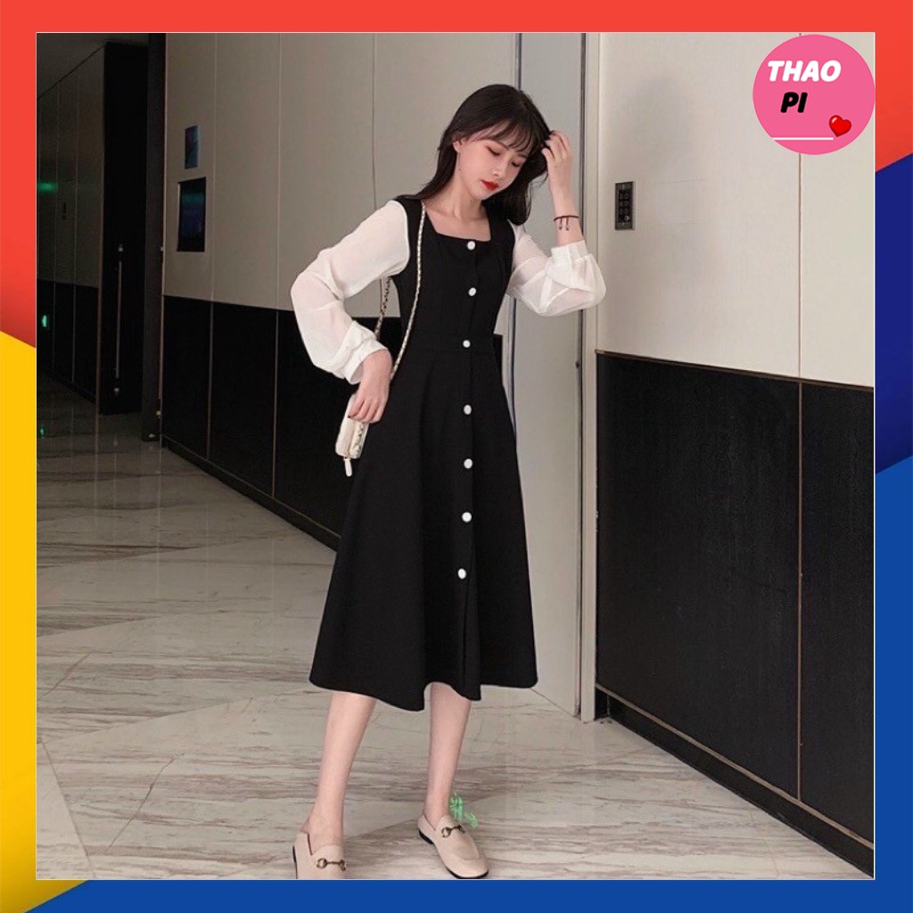 Đầm suông dáng dài phối nút dễ thương