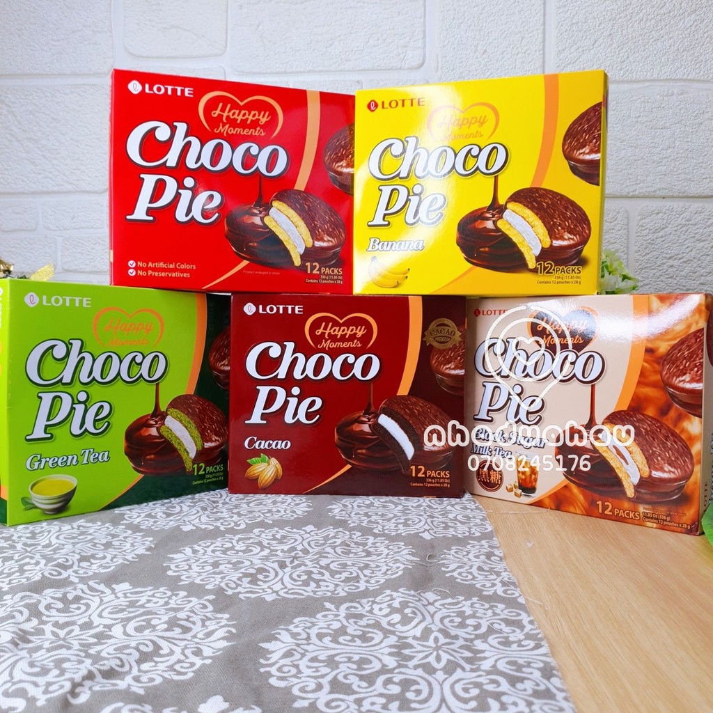 Một hộp bánh Chocopie nhân kem đủ vị vani/cacao/matcha/chuối/đường đen Lotte Hàn Quốc hộp 336gam hàng cty chuẩn xịn