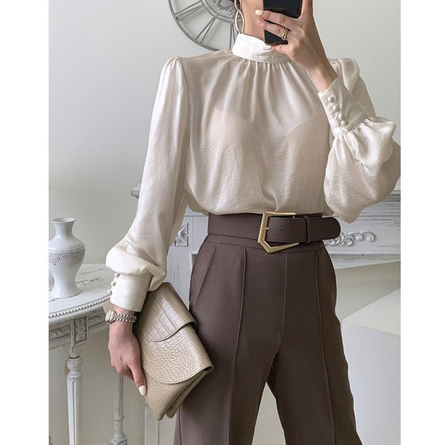 Áo Kiểu Nữ Công Sở Tay Dài Phồng Cổ Cao Chất Linen Cao Cấp Form Chuẩn Phong Cách Hàn Sang Trọng