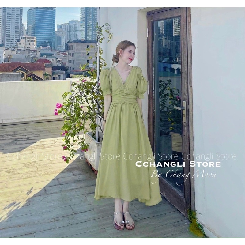Đầm lụa xoè dài nhún ngực cổ v tay phồng Xanh bơ kem Đầm váy đi chơi dạo phố du lịch đi biển hotgirl tk dễ thương