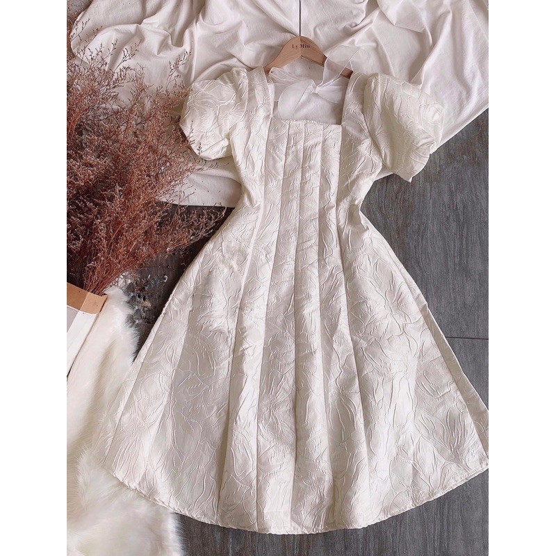 Đầm tay bồng gấm nơ lưng 2 màu | BigBuy360 - bigbuy360.vn