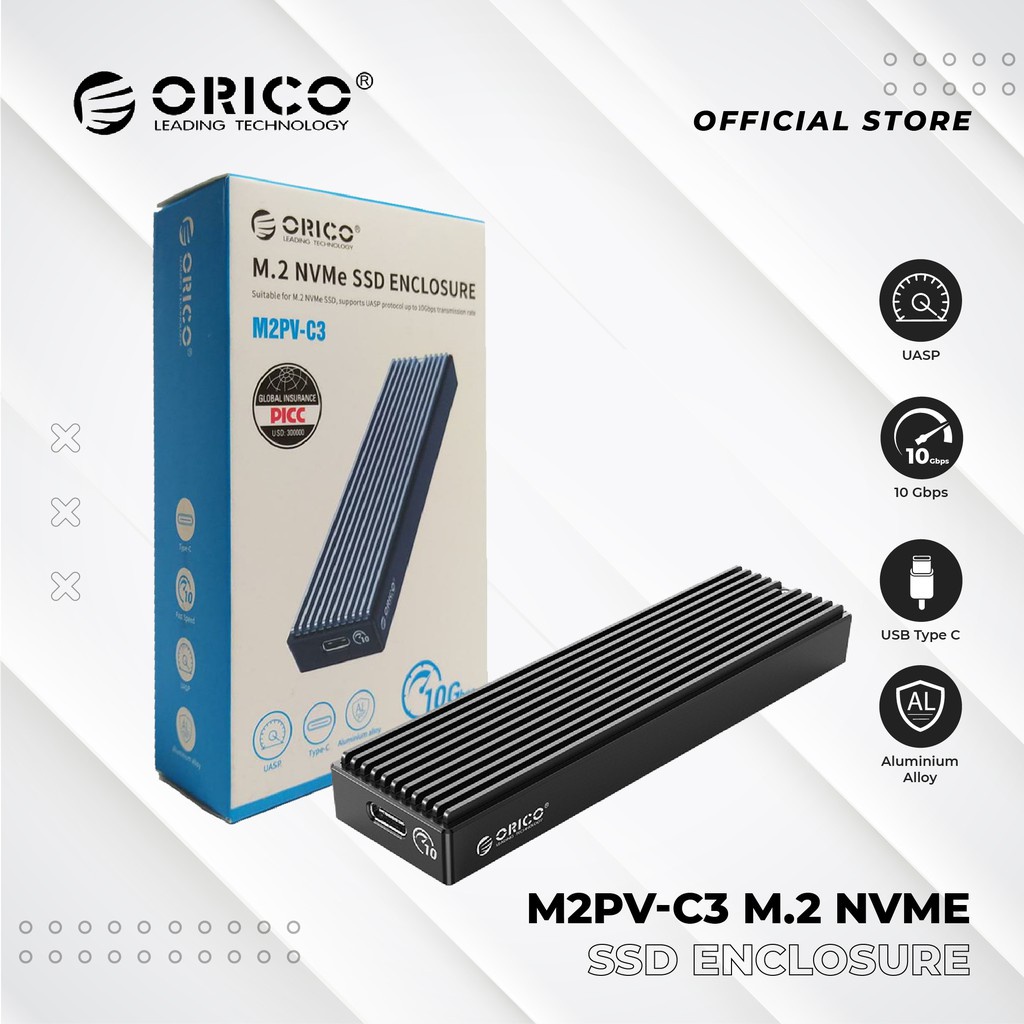 Hộp ổ cứng M2 ORICO M2PV-C3-BK NVMe M.2 SSD Tốc độ 10Gbps