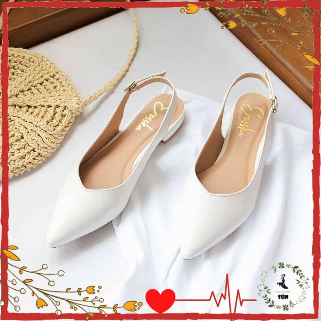 Giày cao gót 2cm|giày búp bê đế bệt Erosska thời trang mũi nhọn hở gót phối dây quai hậu màu trắng _ EL001