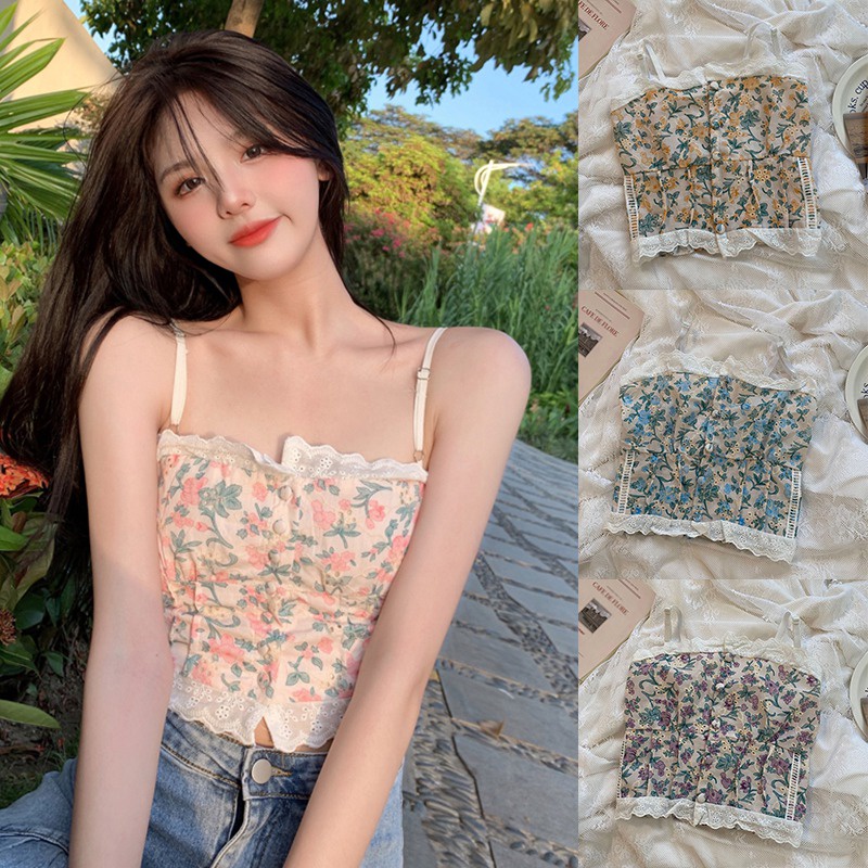Áo Croptop Hai Dây Phối Ren Hoa Thời Trang Hàn Quốc Ngọt Ngào Cho Nữ