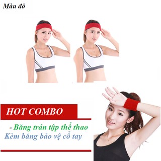 COMBO Băng đeo trán tập thể thao kèm Băng bảo vệ cổ tay (Màu Đỏ) - thấm hút mồ hôi tốt - H_Shop_VN