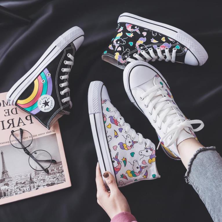 🔥𝐅𝐑𝐄𝐄 𝐒𝐇𝐈𝐏 𝟗𝟗𝐤🔥 Giày vải nữ H161 cổ cao, giày phối màu cầu vồng cực cute