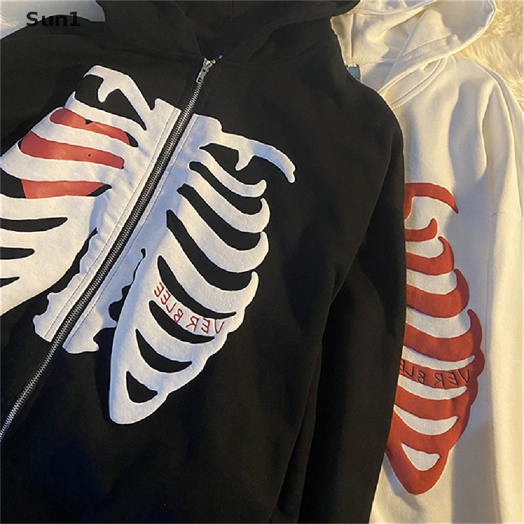 Áo Khoác Hoodie Phối Khóa Kéo In Hình Xương Anime Cá Tính Cho Nam Và Nữ