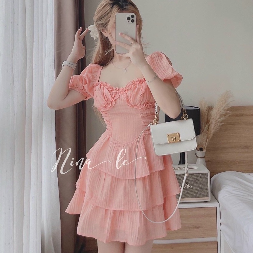Đầm váy nữ cổ vuông xếp tầng dáng xòe cho nàng dạo phố dự tiệc thời trang nữ mùa hè