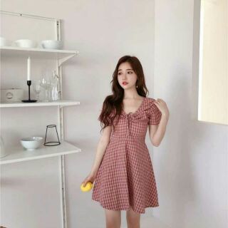 Váy caro nơ ngắn tay kèm ảnh thật