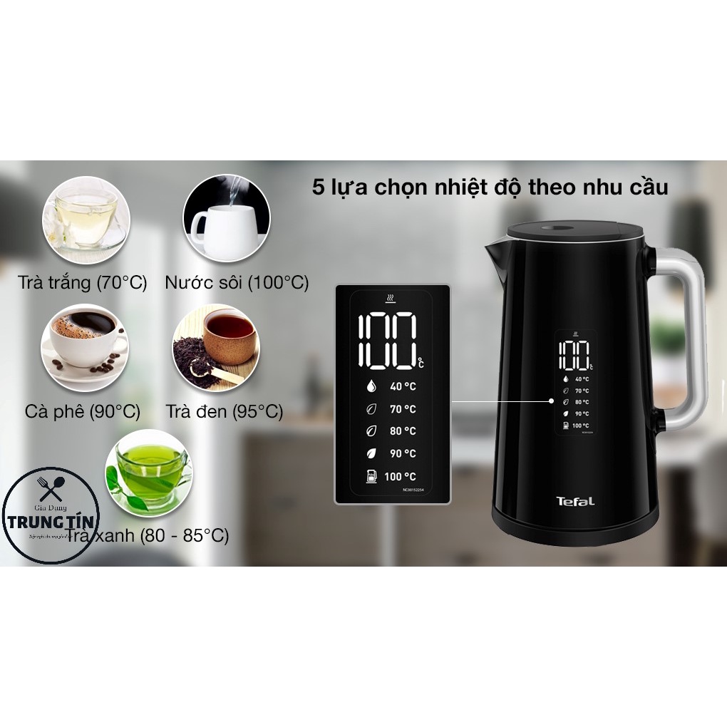 Ấm siêu tốc Tefal Smart & Light KO850810 1.7L Màn hình hiển thị kỹ thuật số, có đèn báo nhiệt độ khi đun
