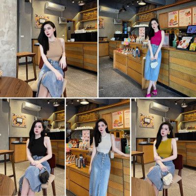 Chân váy jeans bò dài 4 khuy túi mổ cạp chéo