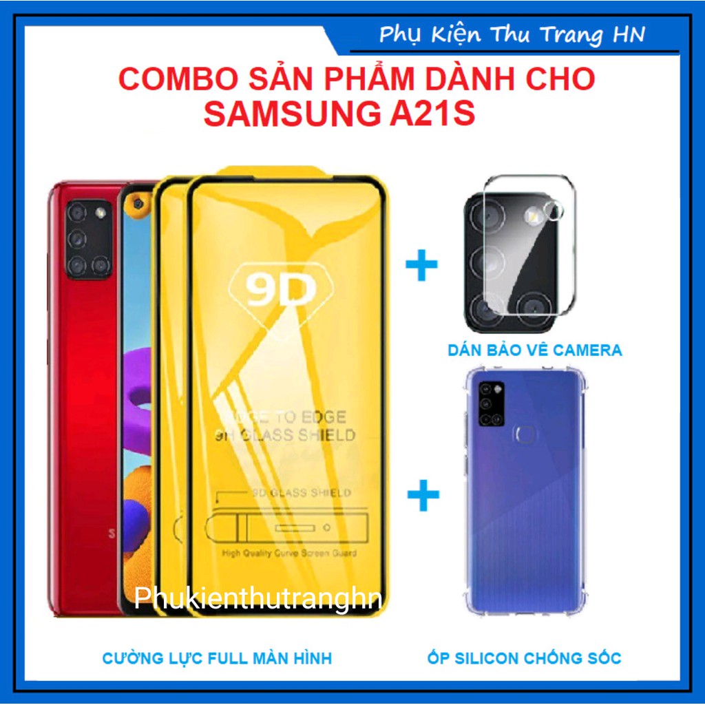 Samsung A21S - Combo 3 in 1 kính full màn hình + ốp silicon chống sốc + dán bảo vệ camera Samsung A2