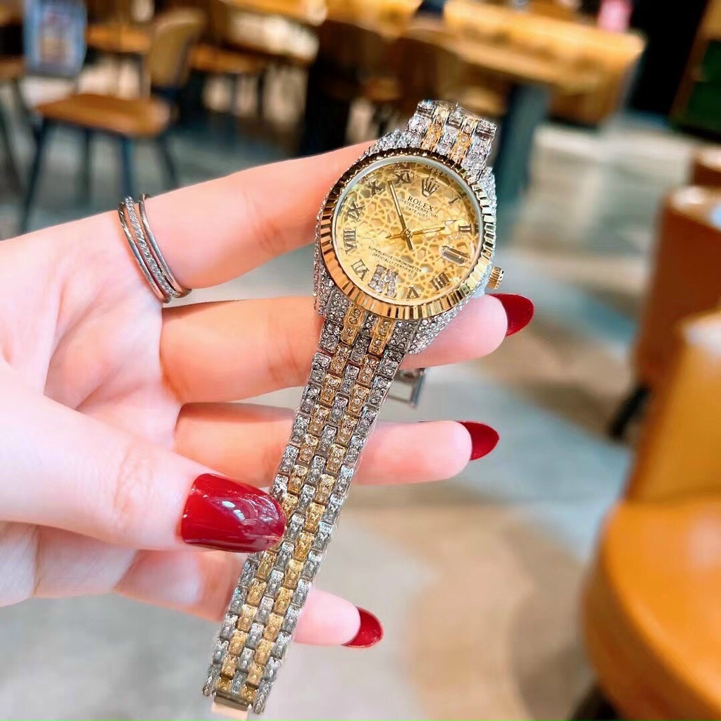 Đồng hồ nữ Rolex size 30mm máy quartz, full đá sáng, khung + dây thép, sang chảnh hết sức