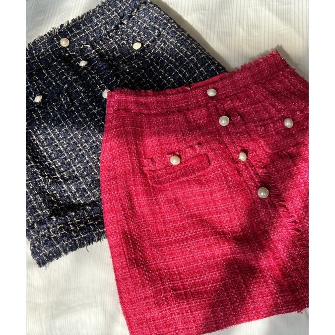 Chân váy dạ tweed hồng