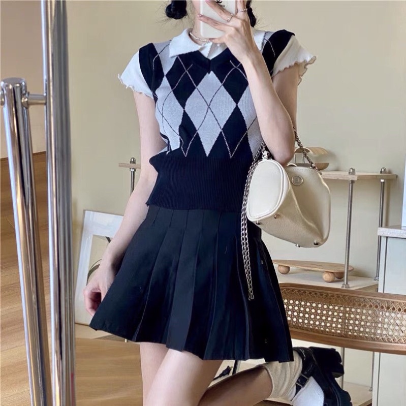 Áo vest gile len dệt kim croptop in 2 mặt hình thoi idol Rosé Hồng/Đen/Nâu