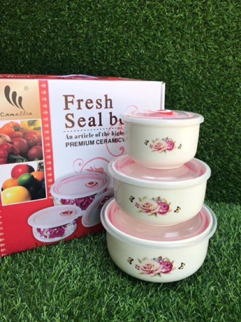 Bộ 3 bát sứ có nắp hút chân không( loại không tai)