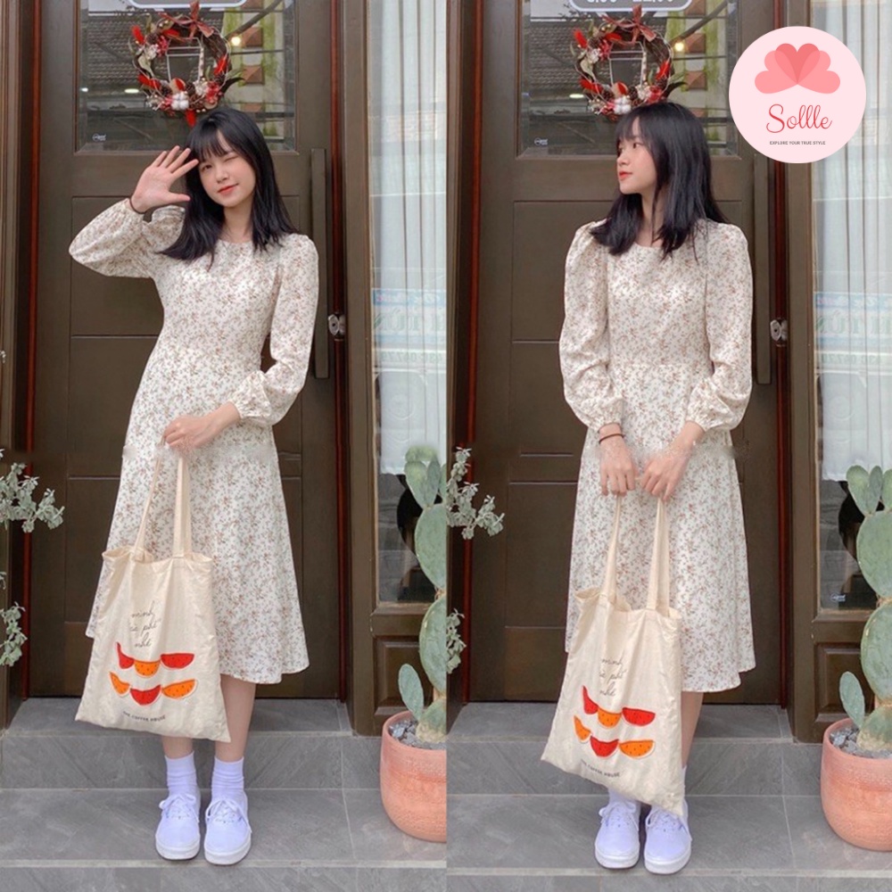 Váy trắng hoa nhí cỏ dài tay thanh lịch đầm babydoll dáng dài vintage nữ tính Hàn Quốc Sollle