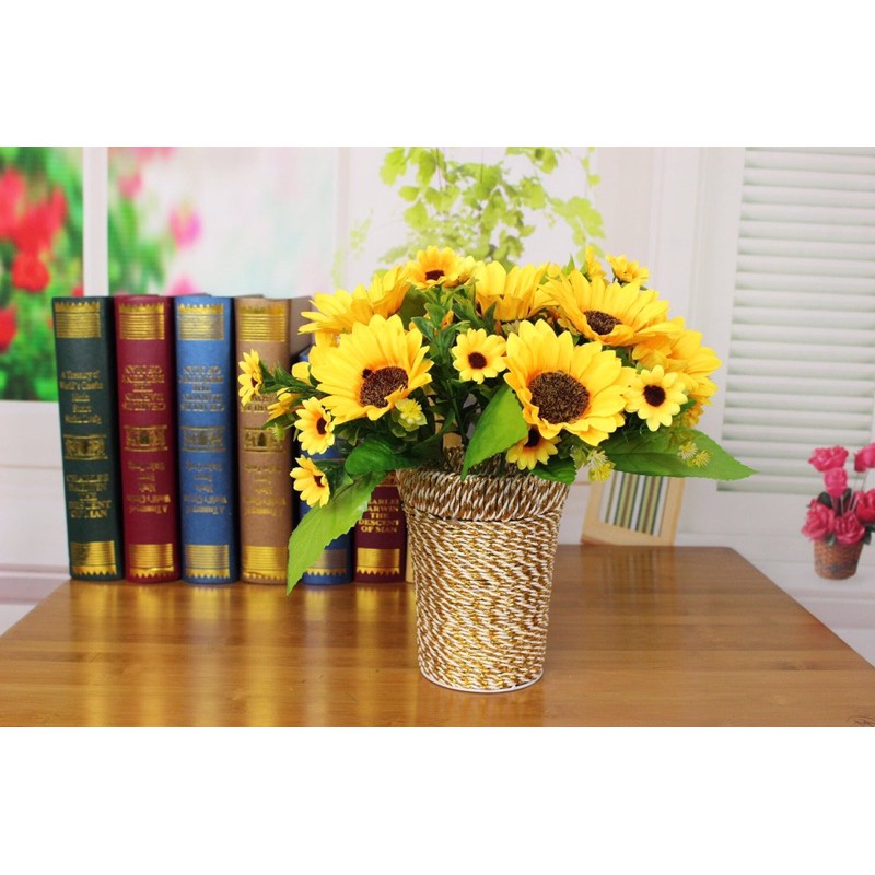 Hoa lụa, chùm hoa hướng dương 33cm 4 bông lớn và bông điểm siêu đẹp