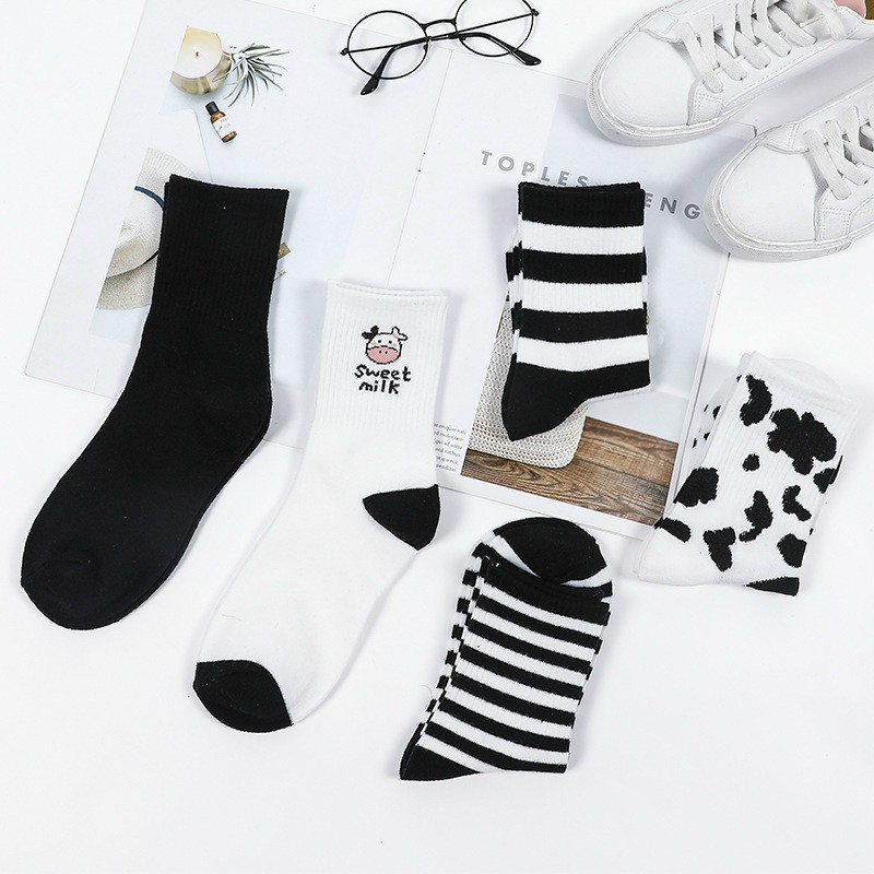 Tất vớ nam nữ cổ cao họa tiết bò sữa set 5 đôi đủ màu
