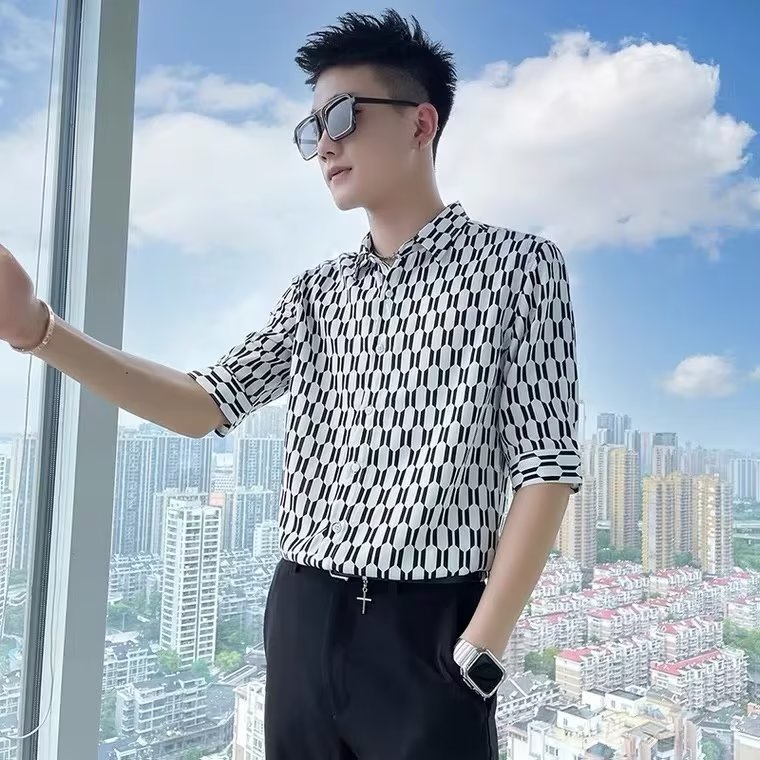 Áo Sơ Mi Lụa Lạnh Tay Ngắn Màu Đen Thời Trang Mùa Hè Cho Nam Giới Có Size M-3XL