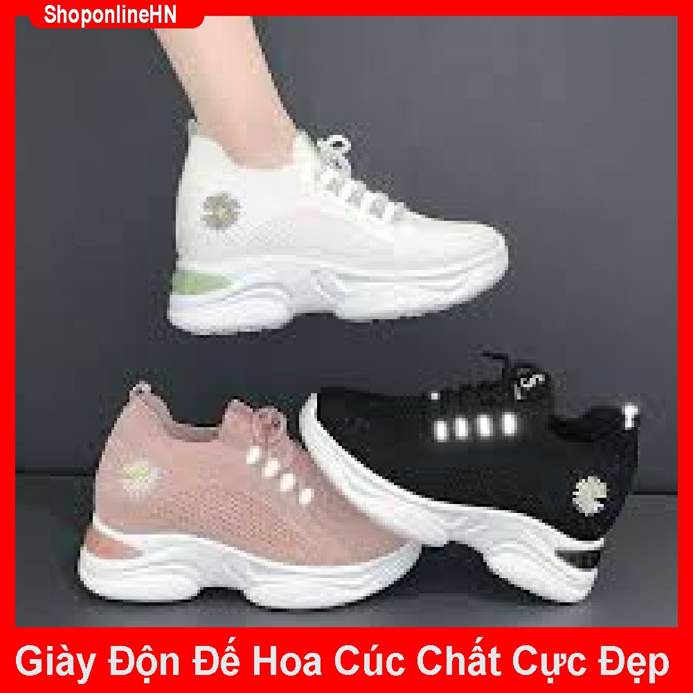 Giày thể thao độn đế nữ 7 cm chất vải lưới thêu hoa cúc phối phản quang cực đẹp | BigBuy360 - bigbuy360.vn