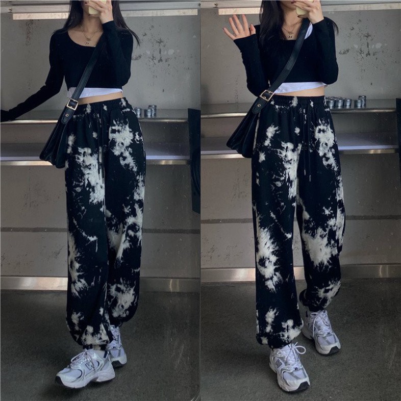 Quần jogger nữ Bape loang cạp cao ống rộng bo gấu oversize TopOneStore