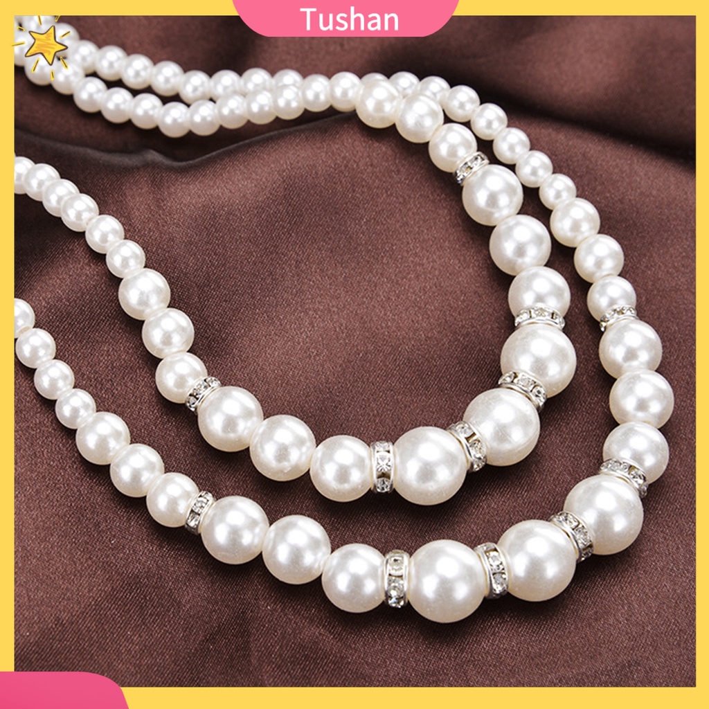 Vòng cổ thời trang kiểu chuỗi hạt ngọc trai giá đính đá trang sức với thiết kế 2 lớp cá tính