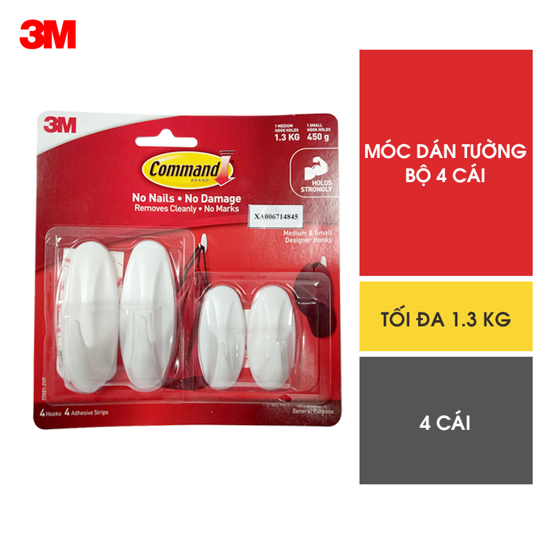 Bộ 4 Móc dán tường Command 3M hịu lực tối đa 1.3kg 17081 VP