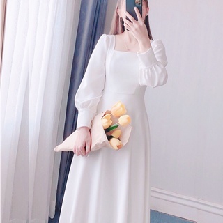 Váy Đầm Trắng Dự Tiệc Cổ Vuông Body Dài Tay ulzzang Dáng Xòe lệ hội cưới hỏi chụp kỷ yếu thiết kế du lịch biển hè Hiva