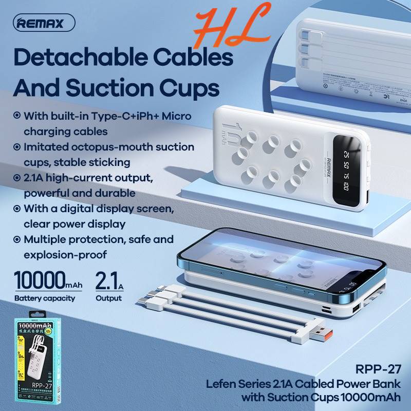 Pin Dự Phòng Remax 10000mAh RPP-27 (Kèm Cáp Sạc 3 Đầu, Tích Hợp Cao Su Giữ Điện Thoại) - BH 12T - Hunglongpc