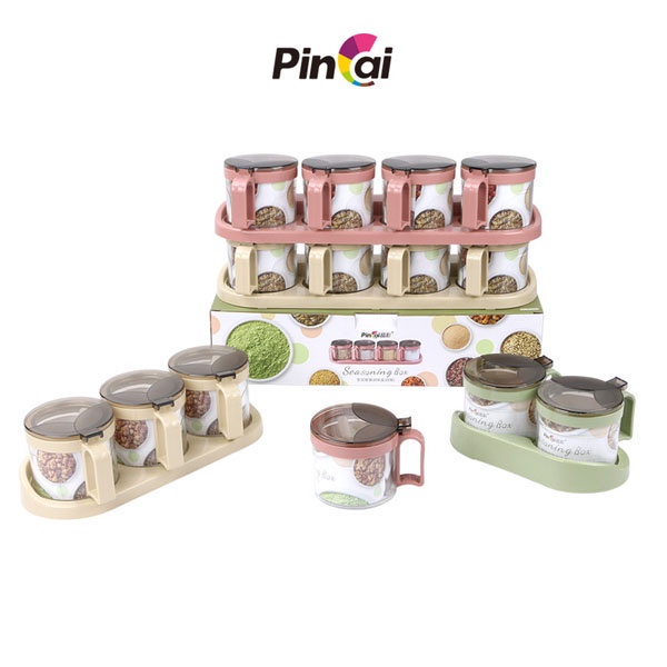 Bộ Đựng Gia Vị  Pincai Konbini365 Cao Cấp, Hũ Gia Vị Thủy Tinh Có Khay Đựng Sang Trọng