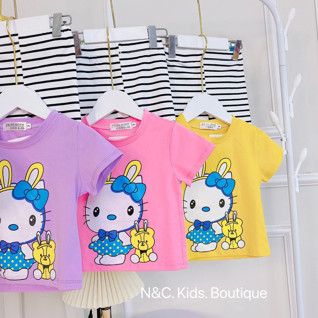 Bộ bé gái cotton tầu mèo Kitty quần legging ngố đùi kẻ sọc nhí đại 8-35kg XHN918