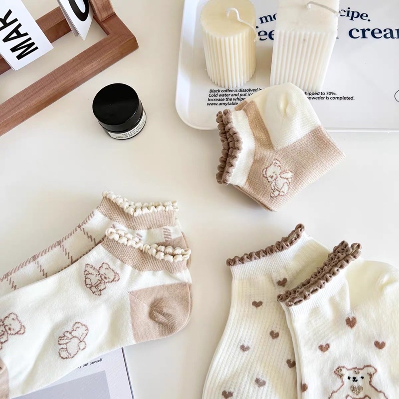 Set 5 Đôi Tất tim Nâu cổ ngắn nữ, vớ nữ cổ bèo chất vải cotton co giãn bốn chiều thoáng khí tt10