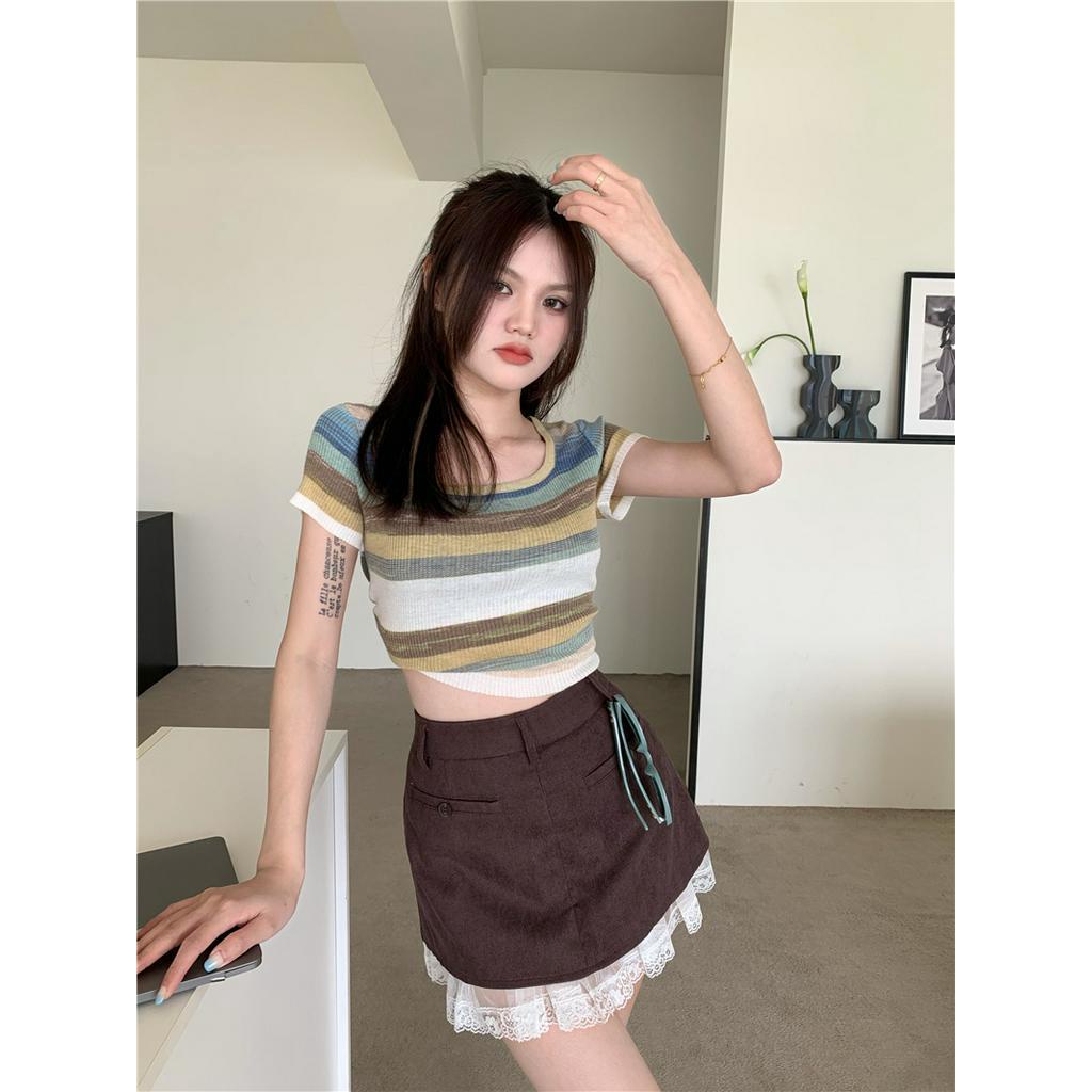 Áo sweater Mỏng Sáp Mềm Cổ Vuông Tay Ngắn Kẻ Sọc Màu Tương Phản Thời Trang Mùa Hè Cho Nữ