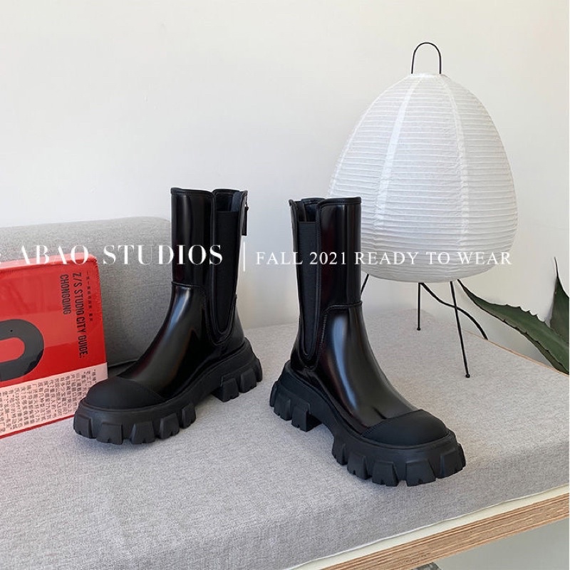 Boots cao cổ da phối chun cổ