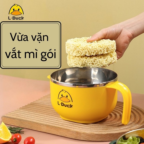 Ca Mì Inox Màu Vàng Có Nắp Chống Đổ, Tô Đựng Thức Ăn Giữ Nhiệt Hình Vịt Vàng