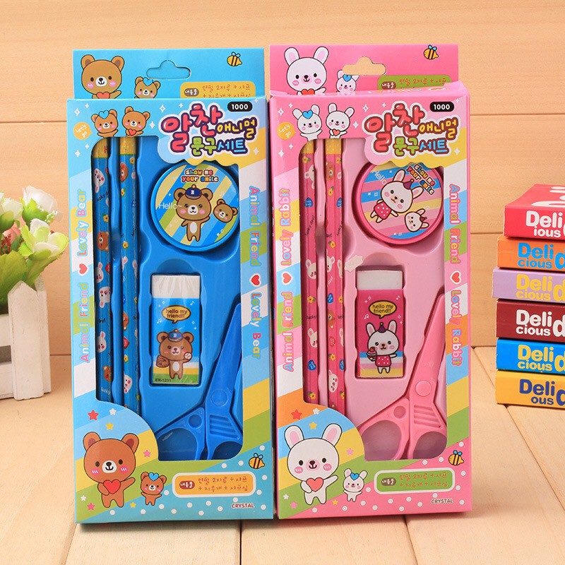 Bộ dụng cụ học tập 5 món bút chì,kéo cắt giấy,gôm tẩy,gọt bút chì_văn phòng phẩm dễ thương