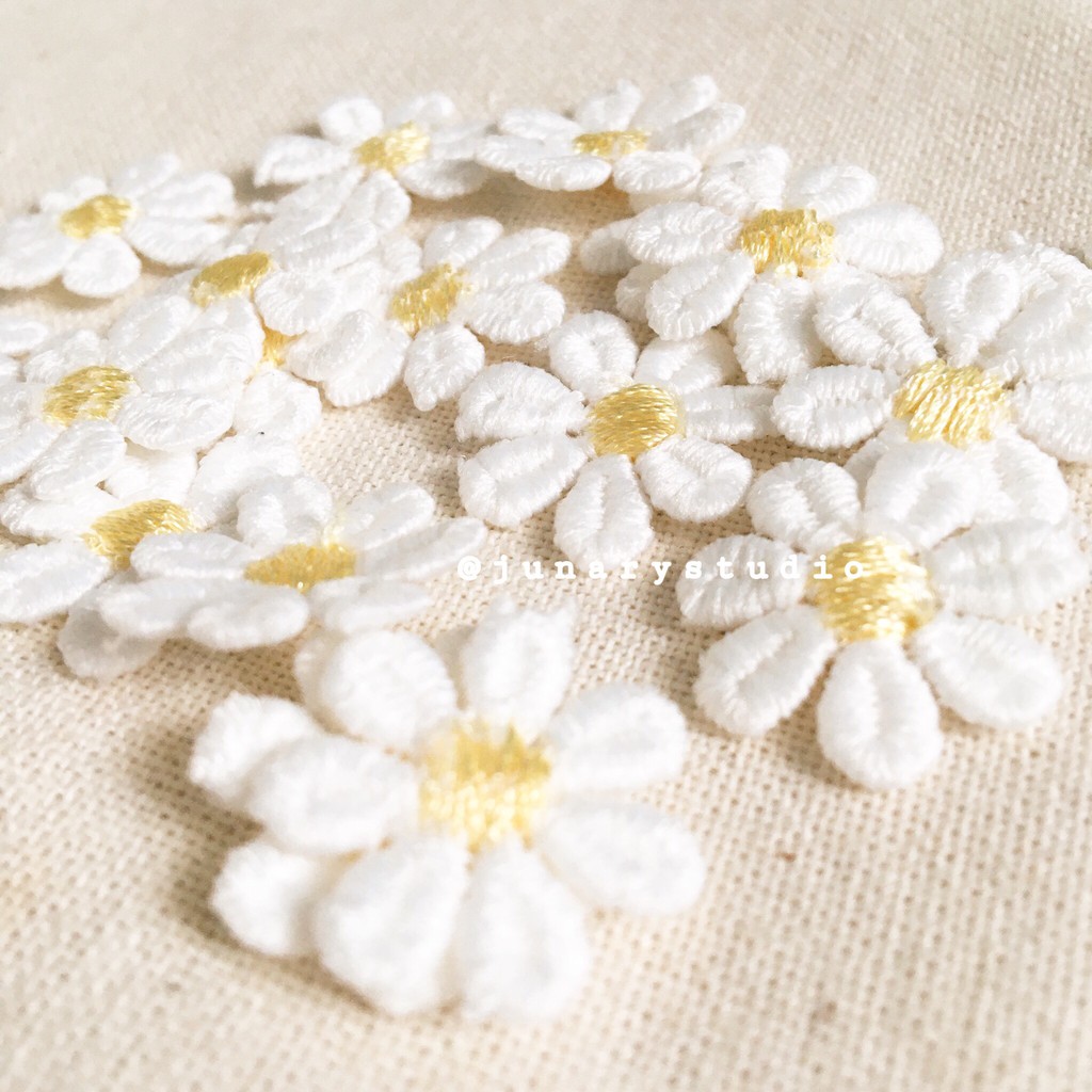 Junarystudio - 20 chiếc bông ren hoa ren hoa cúc ren daisy màu trắng trang trí journal may vá thủ công diy vintage