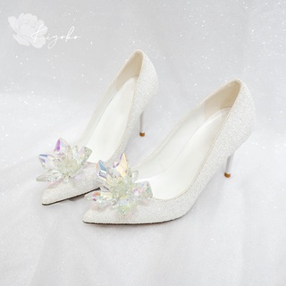 Giày cưới lọ lem đính họa tiết lấp lánh đầu mũi màu trắng cao 9cm