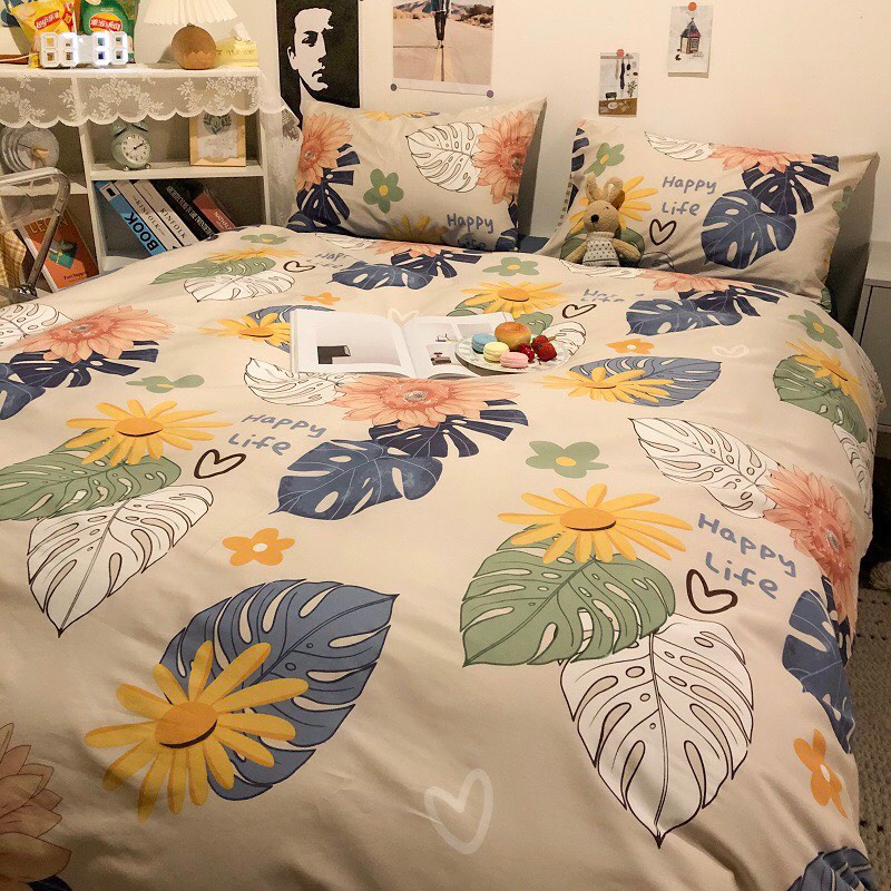 Bộ Vỏ Chăn Ga Gối 4 Món Cotton 80% Hoạ Tiết Hoa Lá Cọ Bèo Happy Life Cao Cấp 🔥TAbedding- miễn phí bo chun freesize 🔥