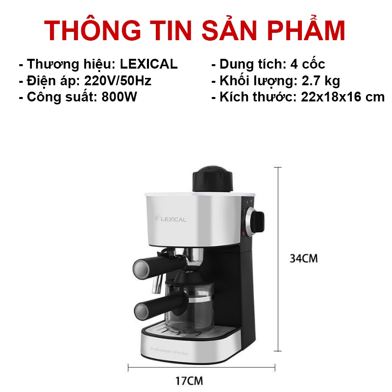 Máy Pha Cafe Lexical - Công suất 1000W - pha cafe tự động nhập khẩu CHÍNH HÃNG - BH 12 THÁNG ct12