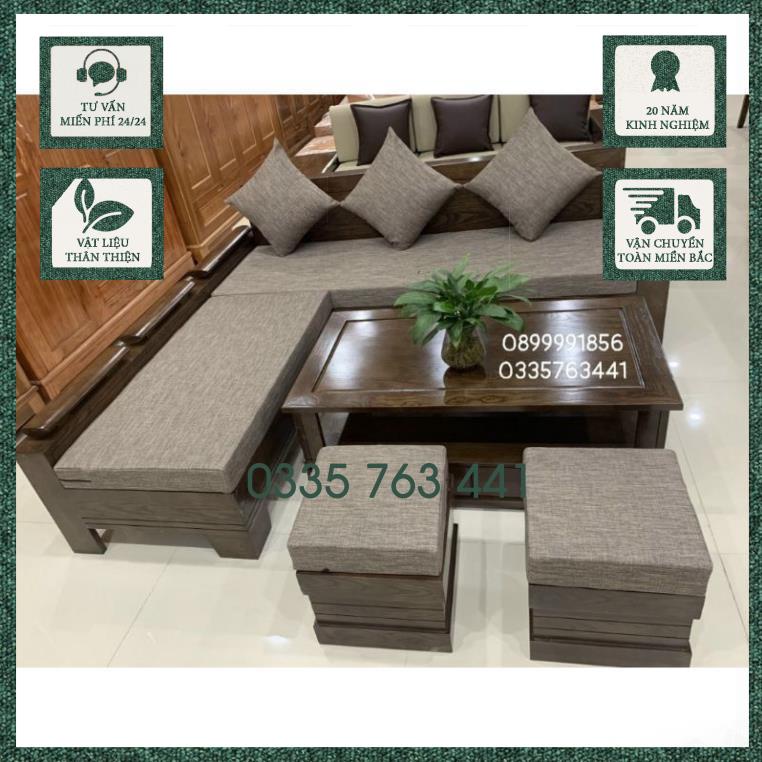 Sofa gỗ sồi nga 100% kích thước góc L 2mx1m8 kèm 1 đôn và bàn trà sofa
