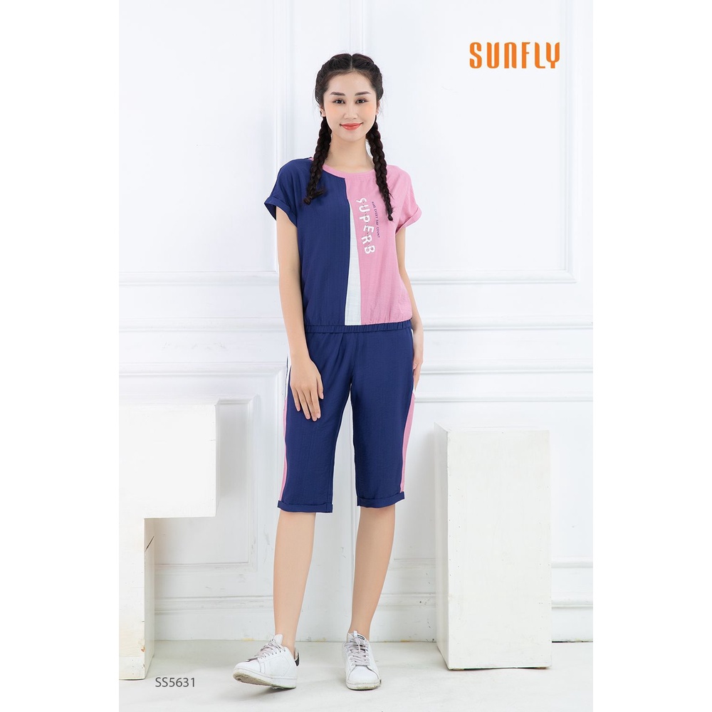 Bộ đồ lanh mặc nhà Sunfly, set đồ lanh thể thao cho nữ dáng áo cộc quần ngố phối viền chữ đơn giản năng động SS5631