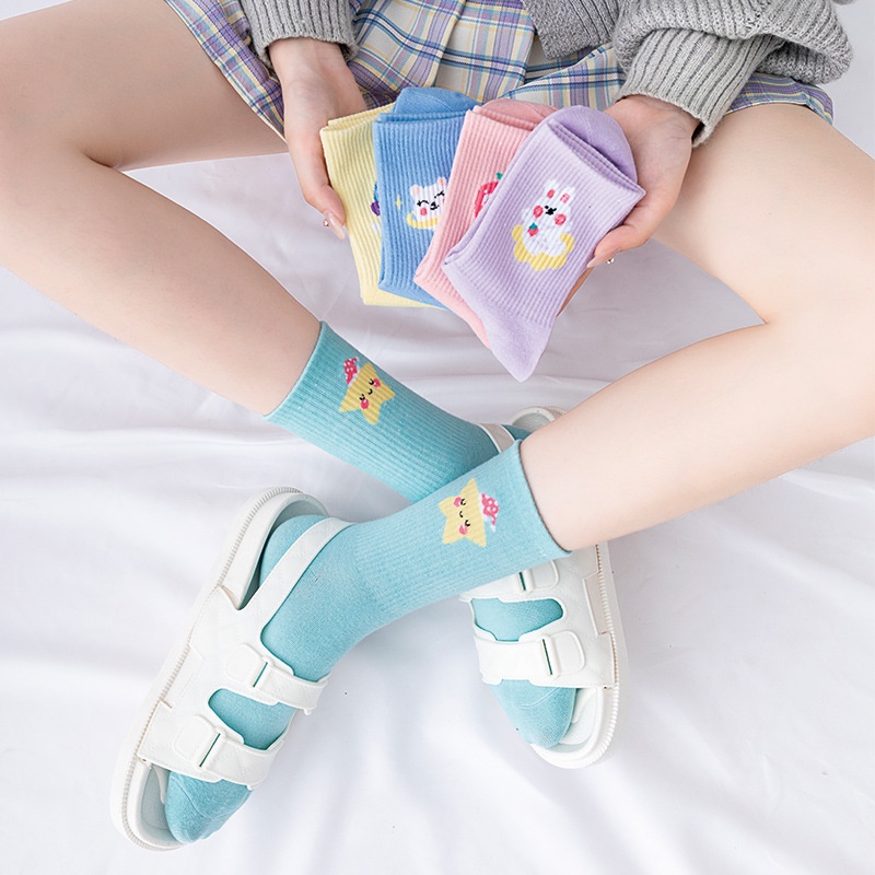 Tất vớ nữ cổ cao vải cotton nhiều màu phong cách Hàn Quốc họa tiết thỏ đáng yêu TD026