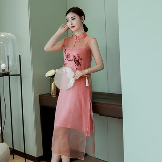 Đầm dạo phố kiểu dáng suông thun phối lưới xẻ thân ,họa tiết hoa,cổ tau,khoét nách