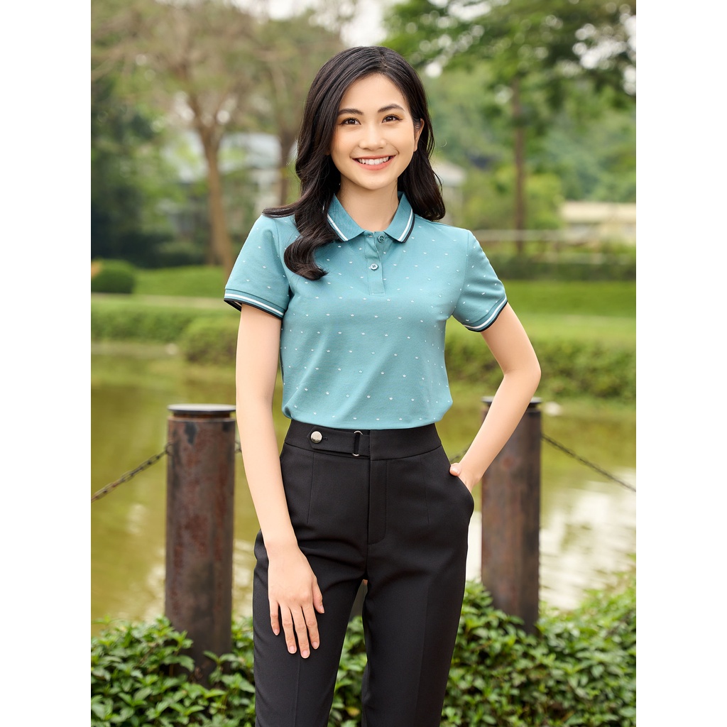 Áo polo nữ mắt chim in tràn vương miện thoáng khí APN5044