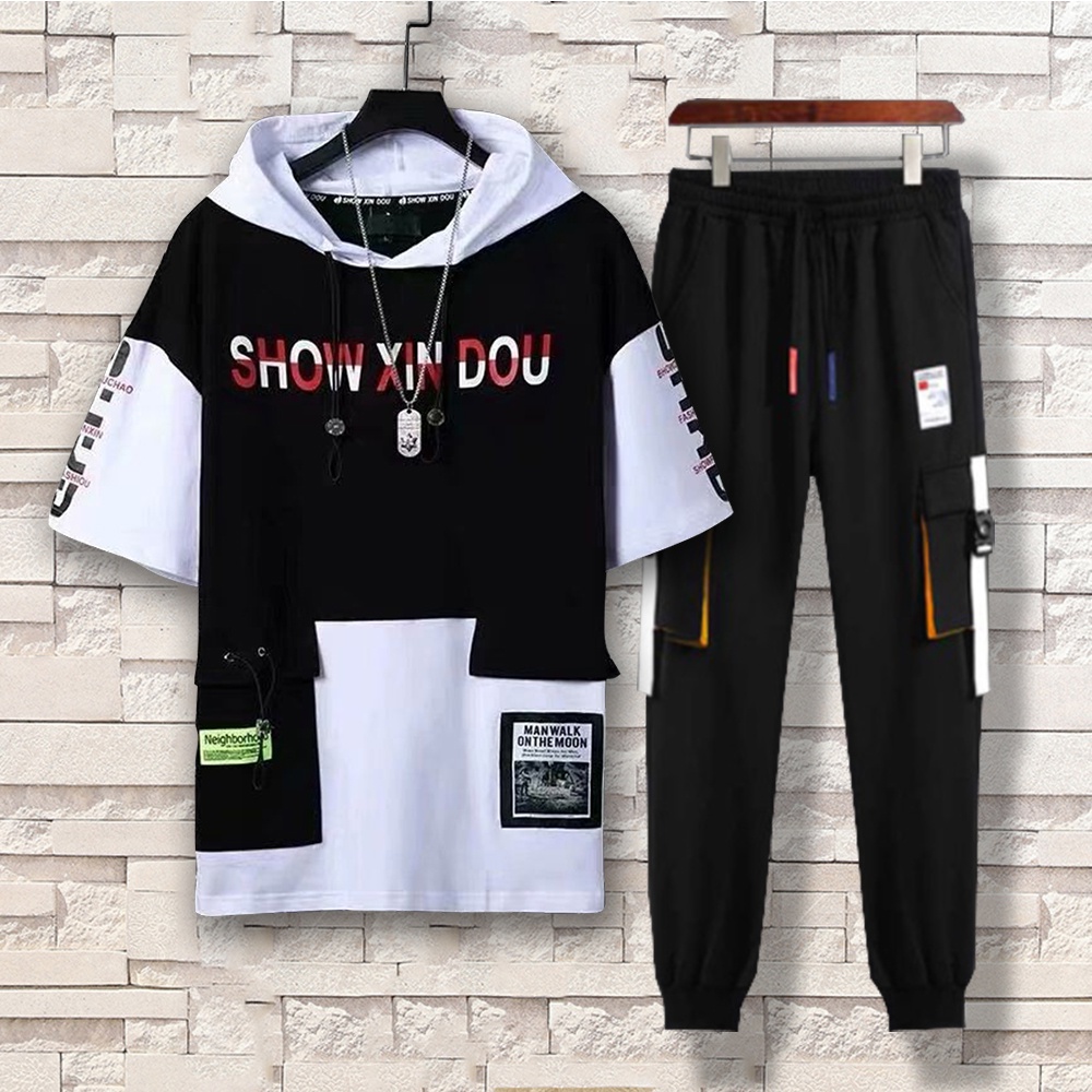 Bộ Quần Áo Thun Nam Thể Thao Mùa Hè SHOW XIN DOU Kết Hợp Jogger Dài Phối Túi Hộp SET NAM 9000025
