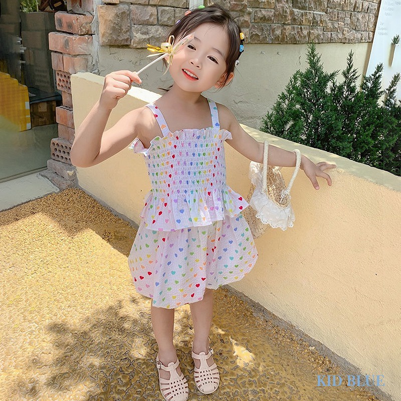 Bộ Áo Hai Dây In Họa Tiết Trái Tim + Quần Short Eo Co Giãn Phong Cách Phương Tây Dễ Thương Cho Bé Gái
