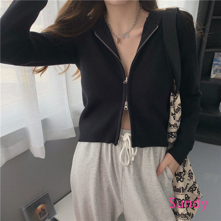 Áo Croptop Dệt Kim Dài Tay Phối Khóa Kéo Hàn Quốc Thời Trang Mùa Thu Cho Bé Gái