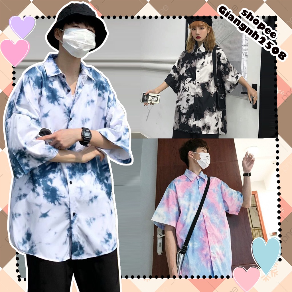 A010 Áo sơ mi loang cỡ rộng nam nữ unisex kiểu dáng Hàn Quốc, áo tay lỡ vải thô kate vảy sơn cá tính oversize Ulzzang